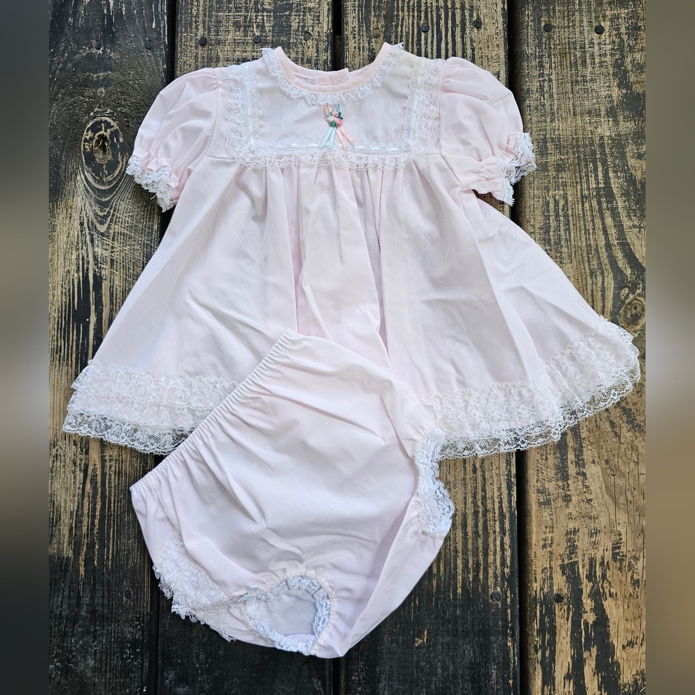 Nursery Rhyme Baby Girl Pink Formal Lace Flowers Dress w/ Bottoms Size 6 Months